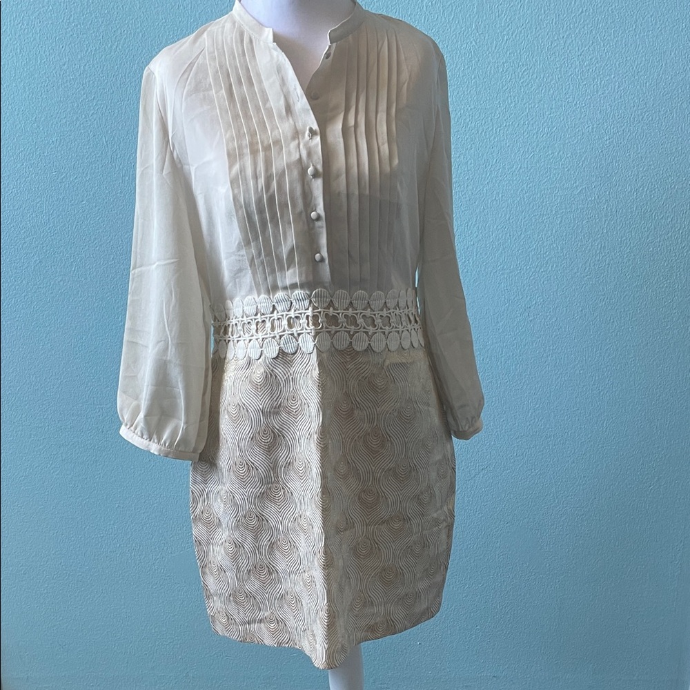 Kensie Cream Pleated Lace-Waist Long Sleeve Dress fits s/m